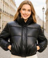 Comprar jaqueta bomber feminina preto puffer de couro sintético cropped com gola alta para inverno em promoção ZARA
